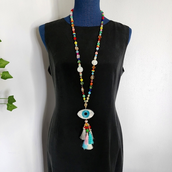 Unique Long Mixed Media Bead Evil Eye  Necklace New - Picture 7 of 9